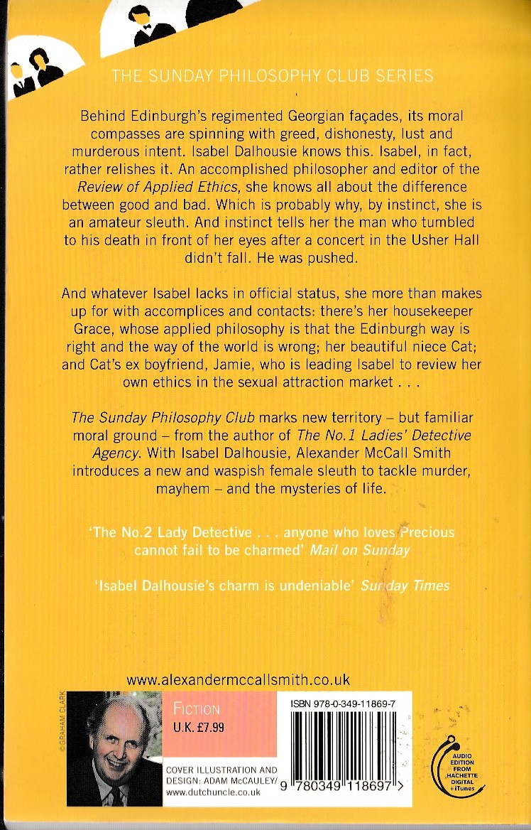 Alexander McCall Smith  THE SUNDAY PHILOSOPHY CLUB magnified rear book cover image
