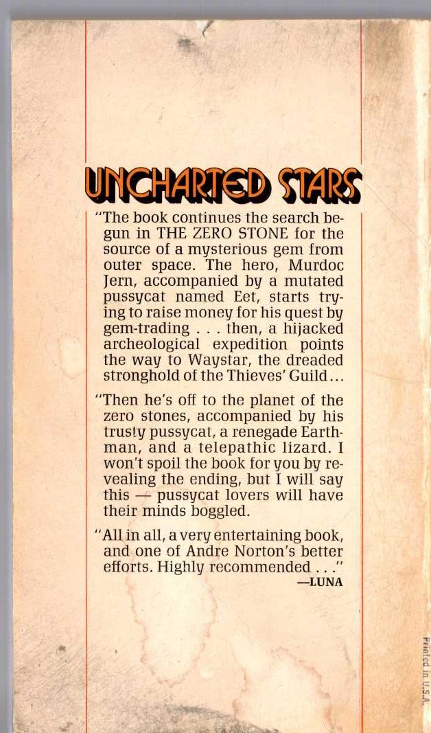 Andre Norton  UNCHARTED STARS magnified rear book cover image