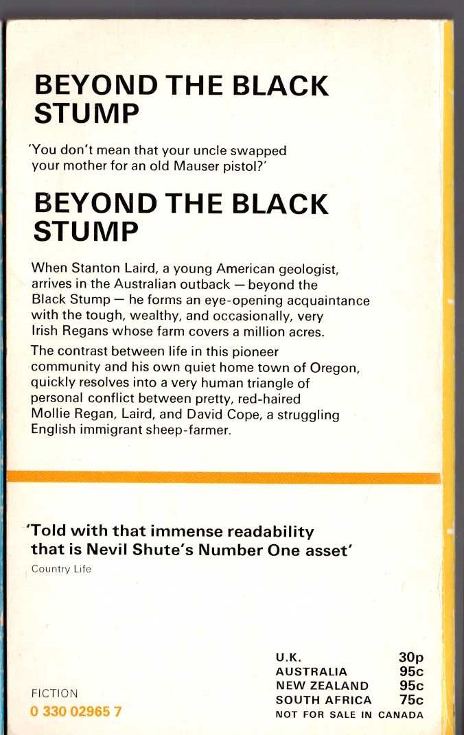 Nevil Shute  BEYOND THE BLACK STUMP magnified rear book cover image