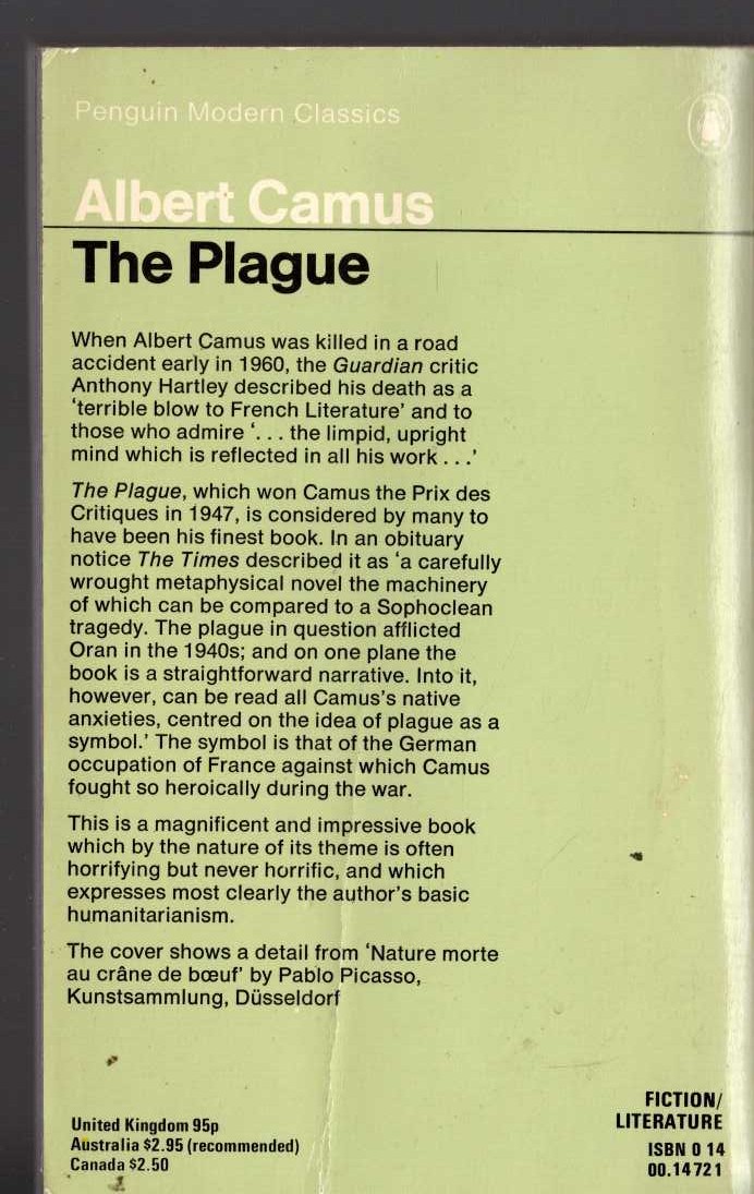 Albert Camus  THE PLAGUE magnified rear book cover image