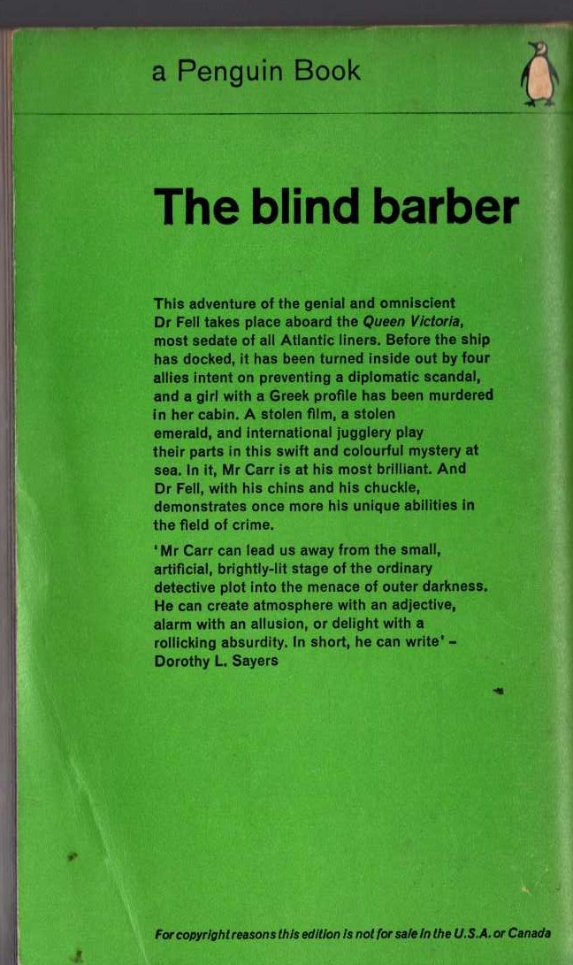 John Dickson Carr  THE BLIND BARBER magnified rear book cover image