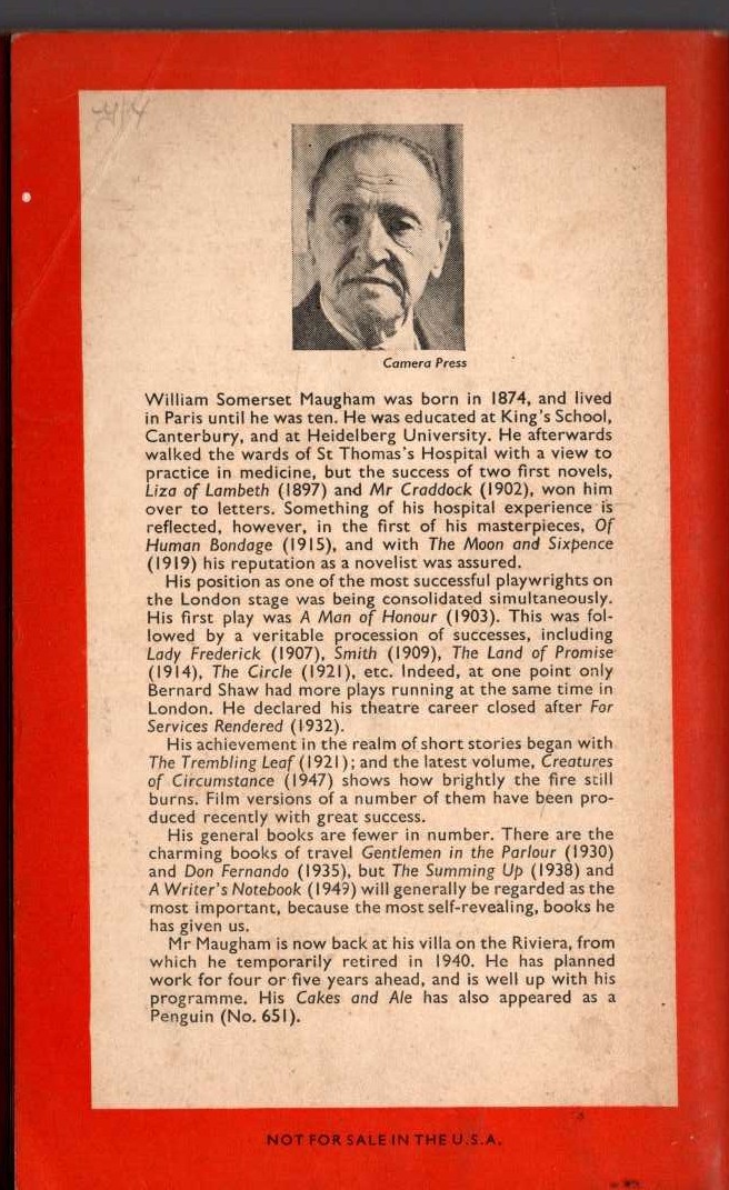 W.Somerset Maugham  THE MOON AND SIXPENCE magnified rear book cover image