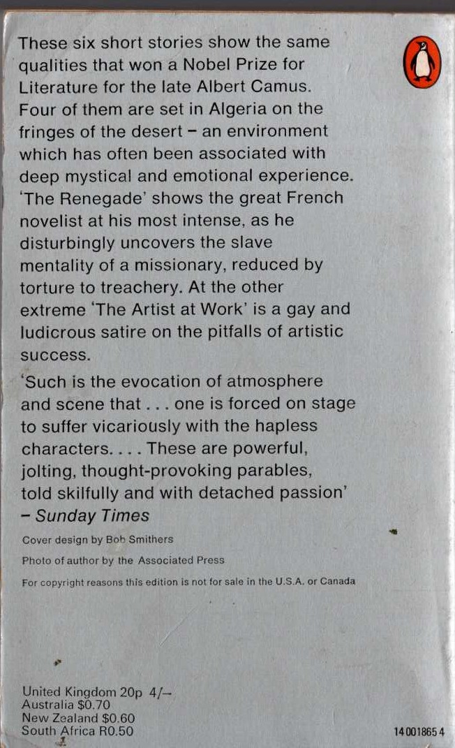 Albert Camus  EXILE AND THE KINGDOM magnified rear book cover image