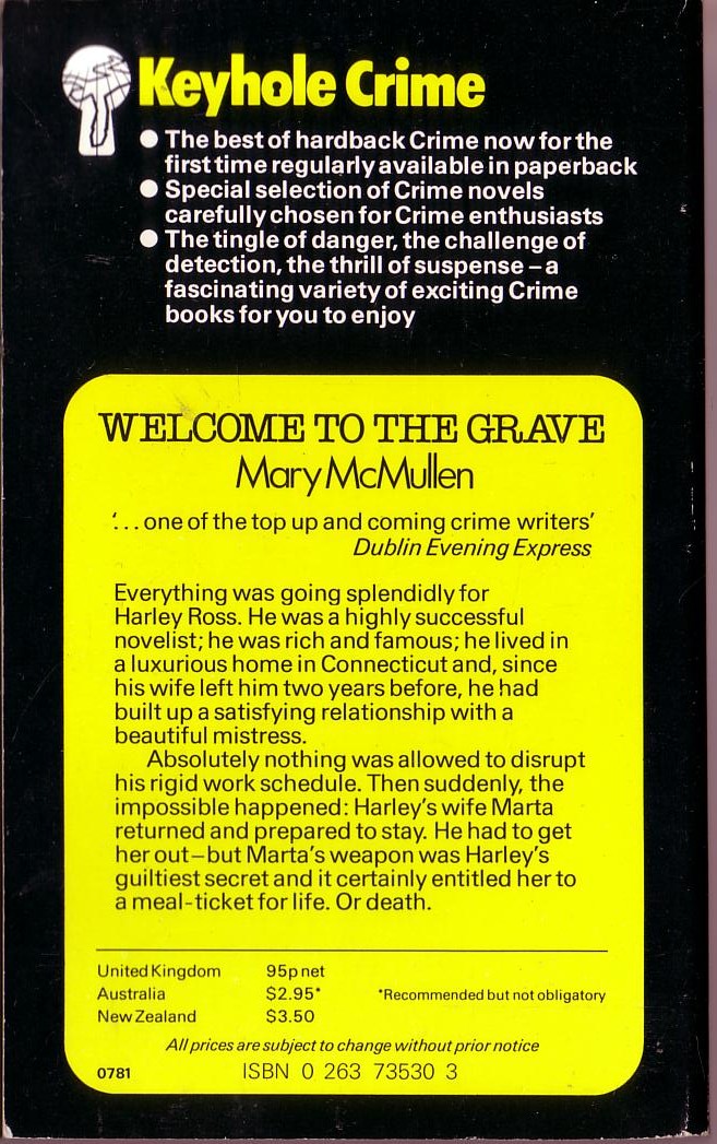 Mary McMullen  WELCOME TO THE GRAVE magnified rear book cover image