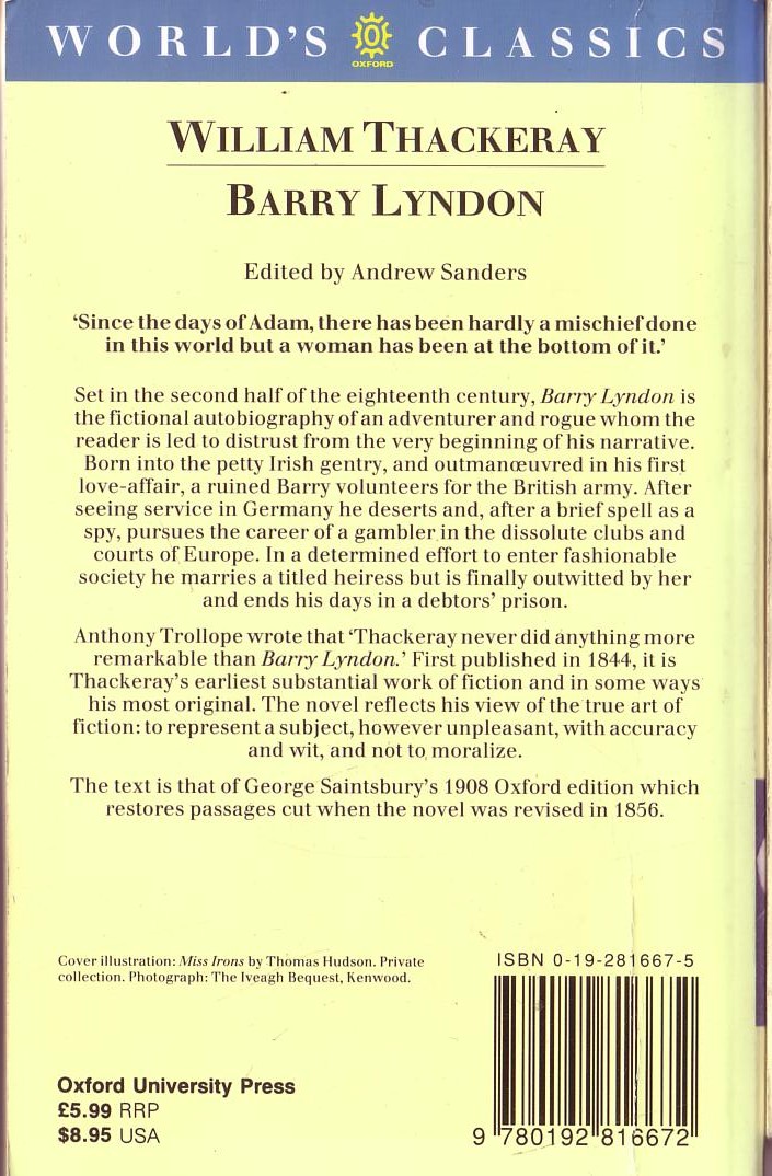 William Thackeray  BARRY LYNDON magnified rear book cover image