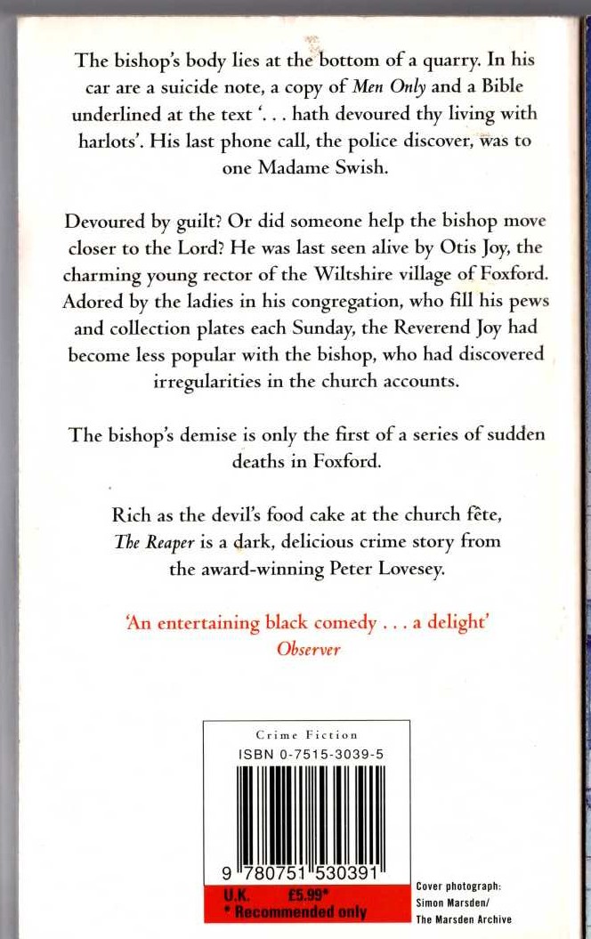 Peter Lovesey  THE REAPER magnified rear book cover image