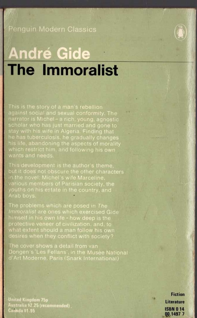 Andre Gide  THE IMMORALIST magnified rear book cover image