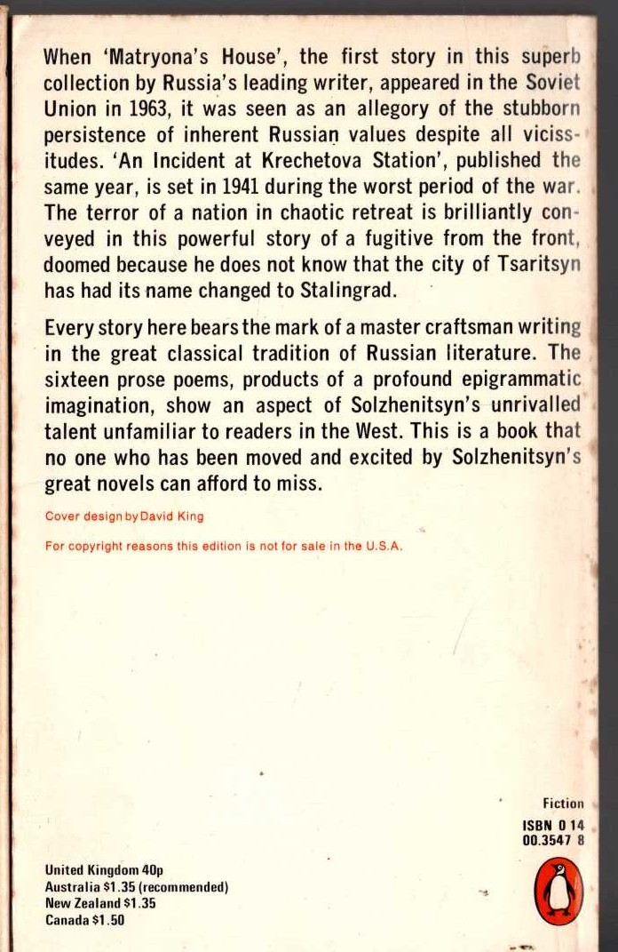 Alexander Solzhenitsyn  STORIES AND PROSE POEMS magnified rear book cover image