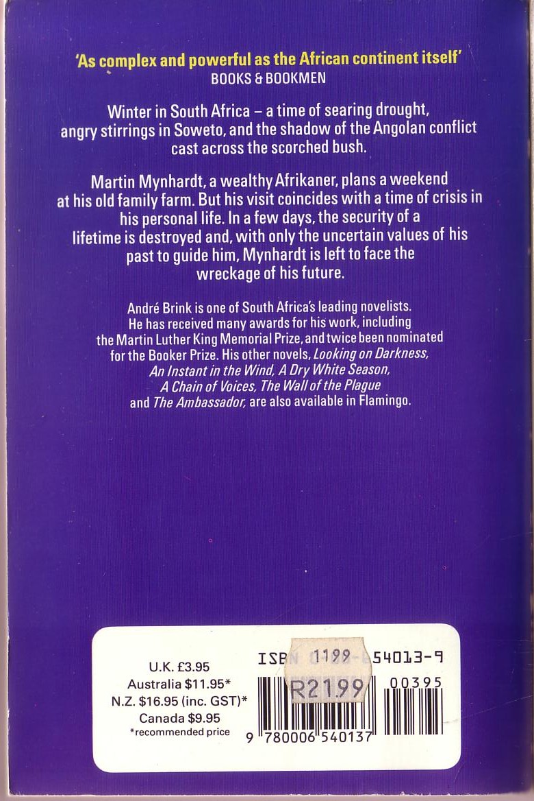 Andre Brink  RUMOURS OF RAIN magnified rear book cover image
