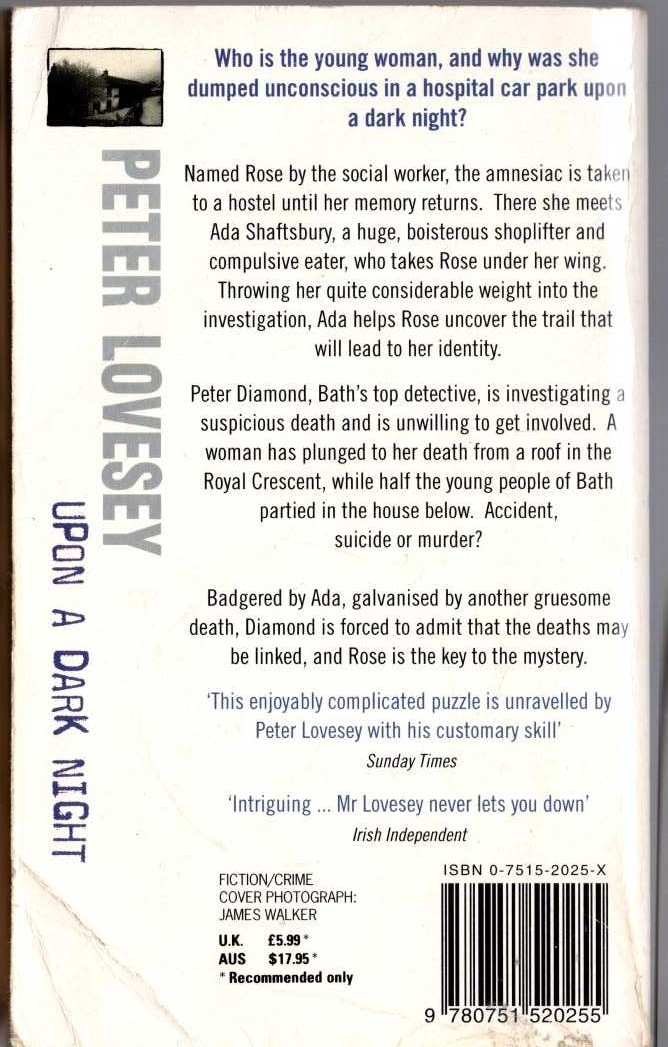 Peter Lovesey  UPON A DARK NIGHT magnified rear book cover image
