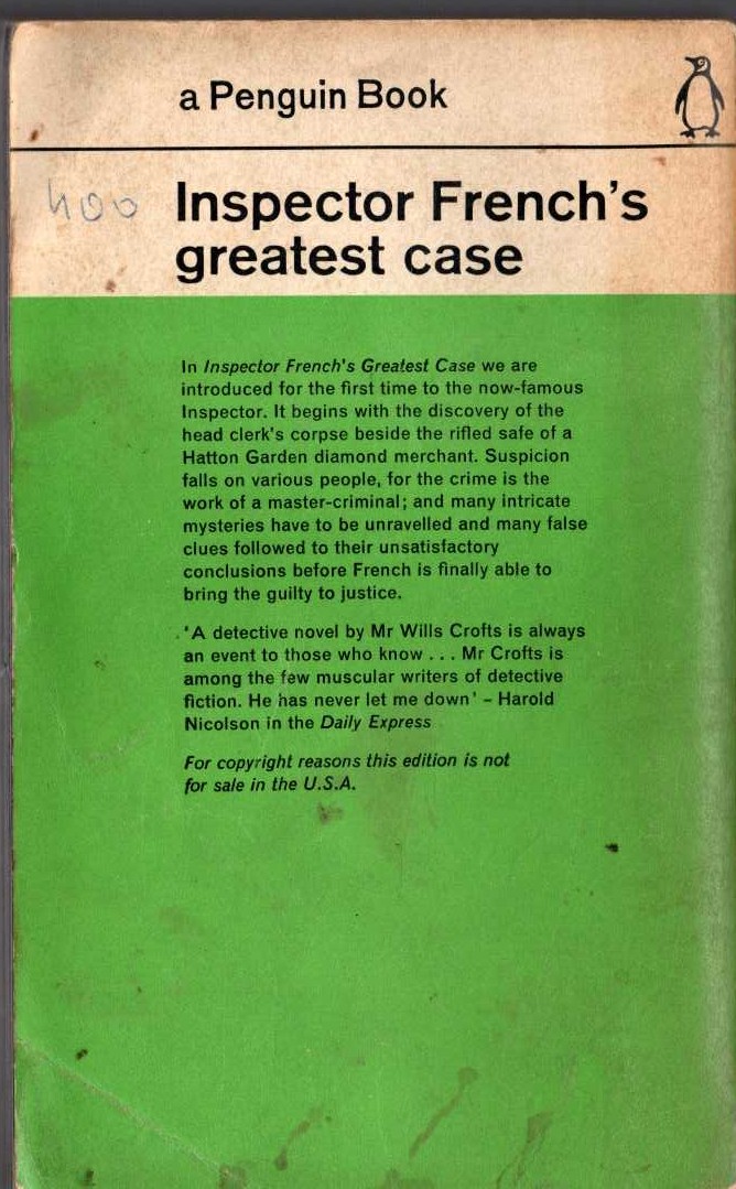 Freeman Wills Crofts  INSPECTOR FRENCH'S GREATEST CASE magnified rear book cover image
