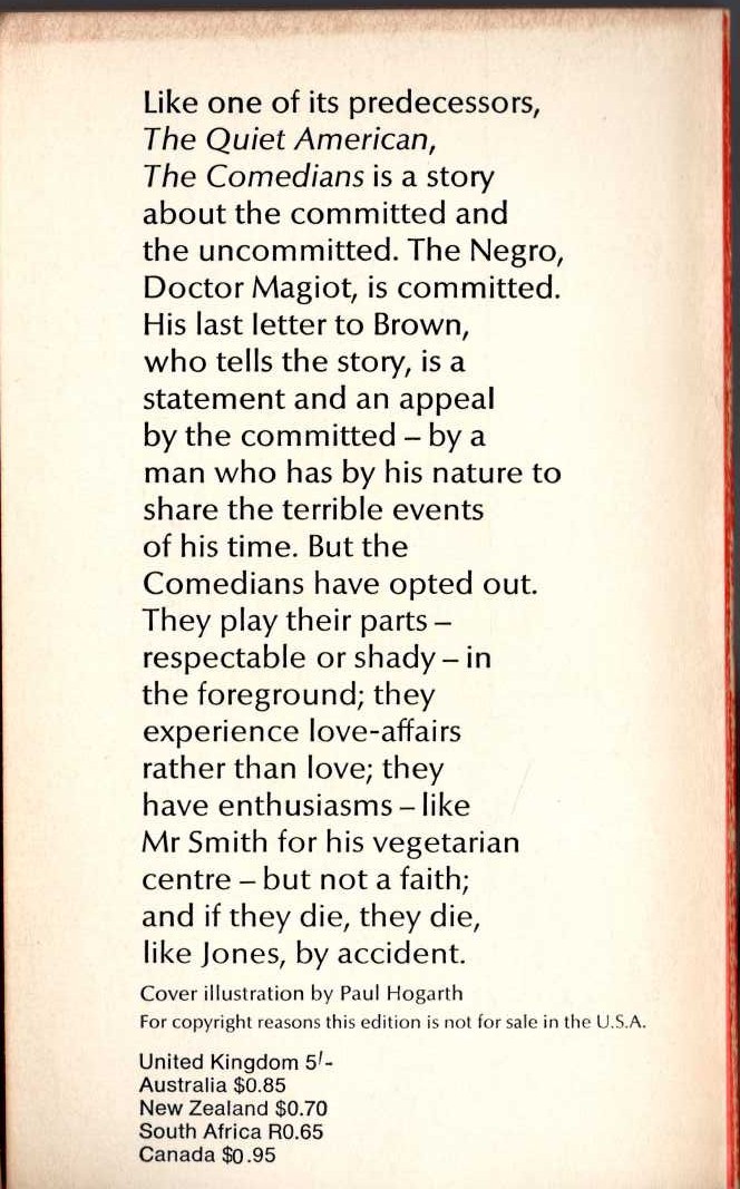 Graham Greene  THE COMEDIANS magnified rear book cover image