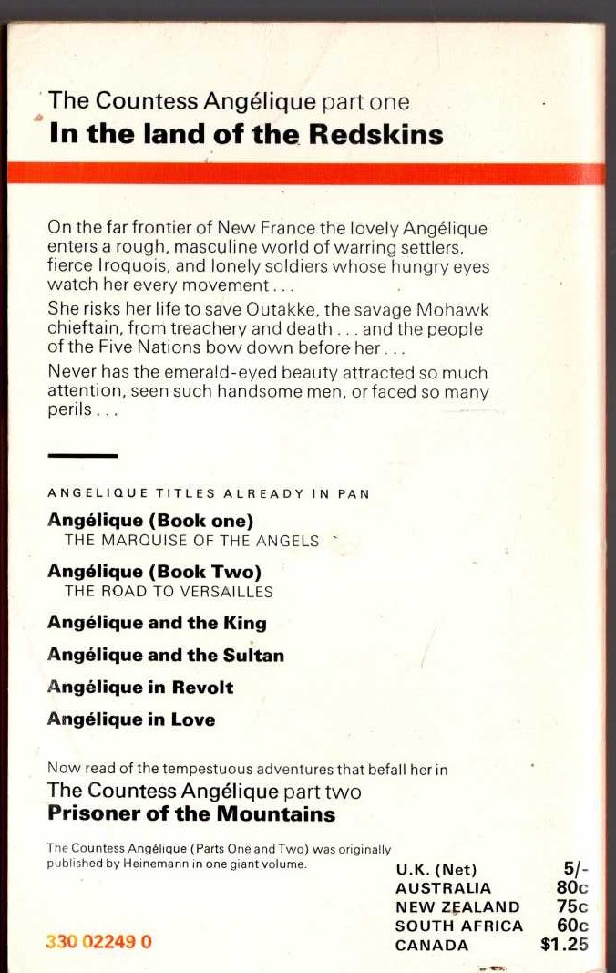 Sergeanne Golon  THE COUNTESS ANGELIQUE Part 1. IN THE LAND OF THE REDSKINS magnified rear book cover image