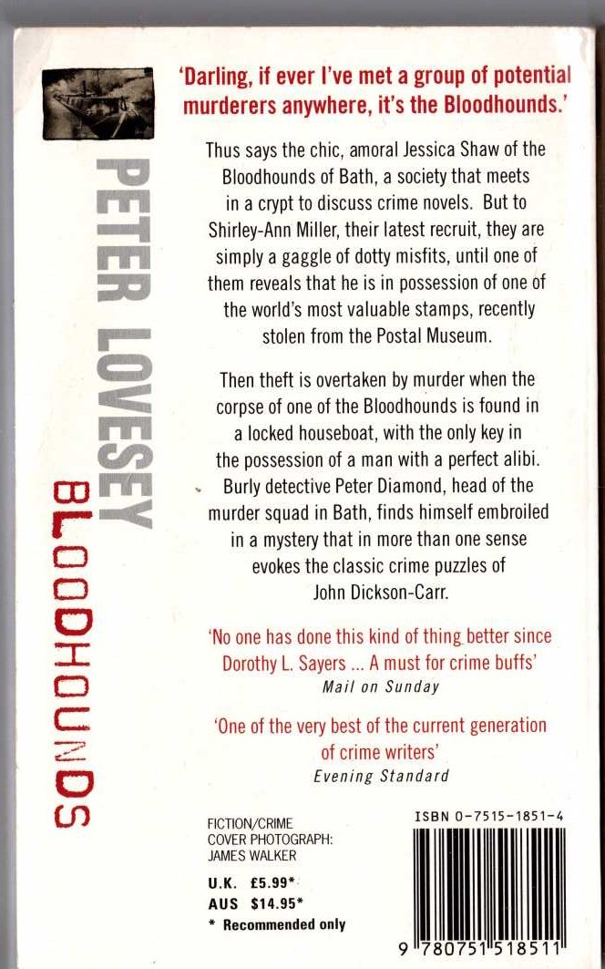 Peter Lovesey  BLOODHOUNDS magnified rear book cover image