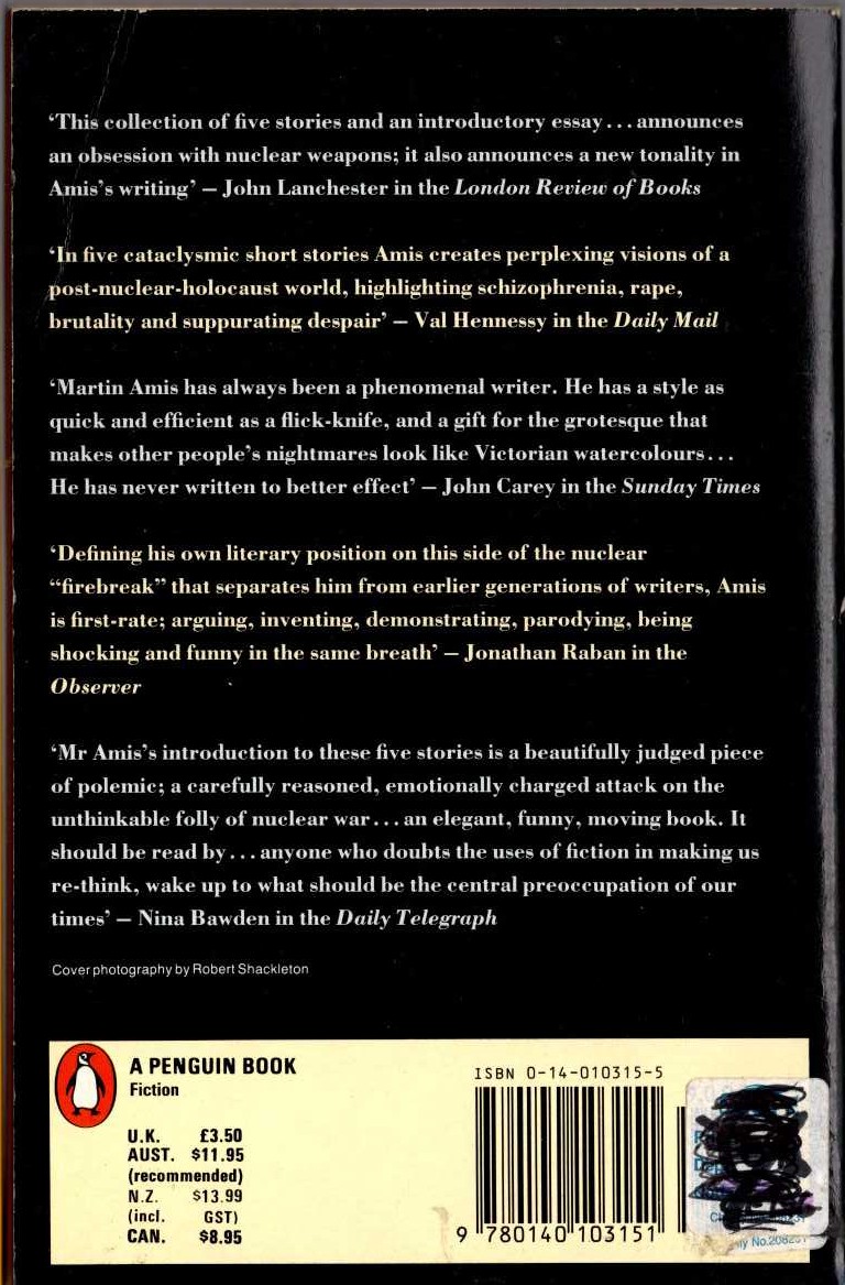 Martin Amis  EINSTEIN'S MONSTERS magnified rear book cover image