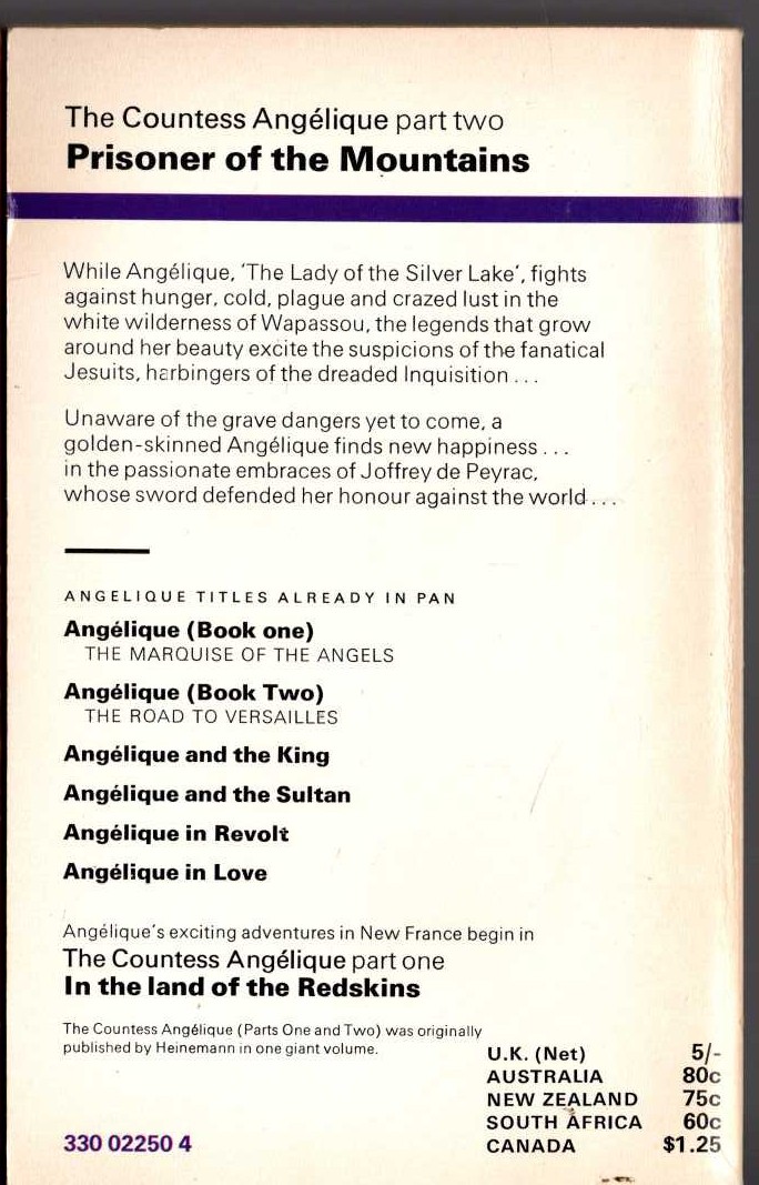 Sergeanne Golon  THE COUNTESS ANGELIQUE Part 2. PRISONER OF THE MOUNTAINS magnified rear book cover image