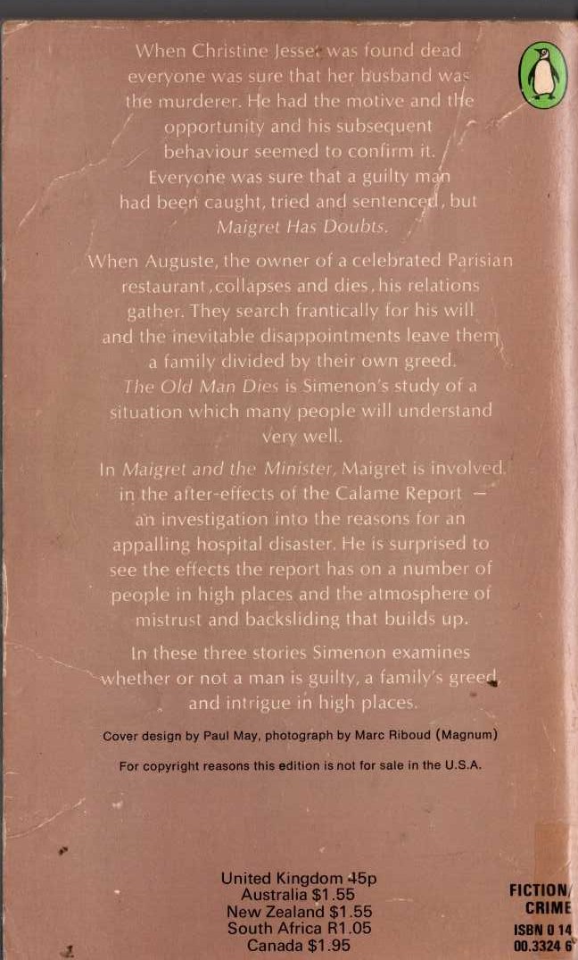 Georges Simenon  THE THIRD SIMENON OMNIBUS: MAIGRET HAS DOUBTS/ MAIGRET & THE MINISTER/ THE OLD MAN DIES magnified rear book cover image