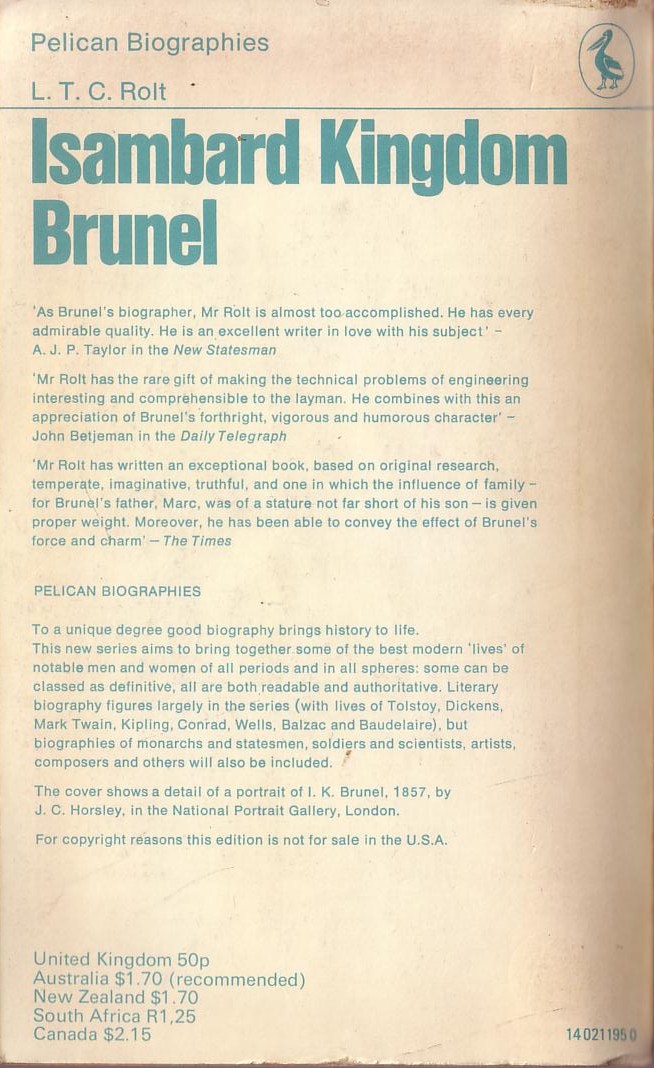 L.T.C. Rolt  OSAMBARD KINGDOM BRUNEL magnified rear book cover image