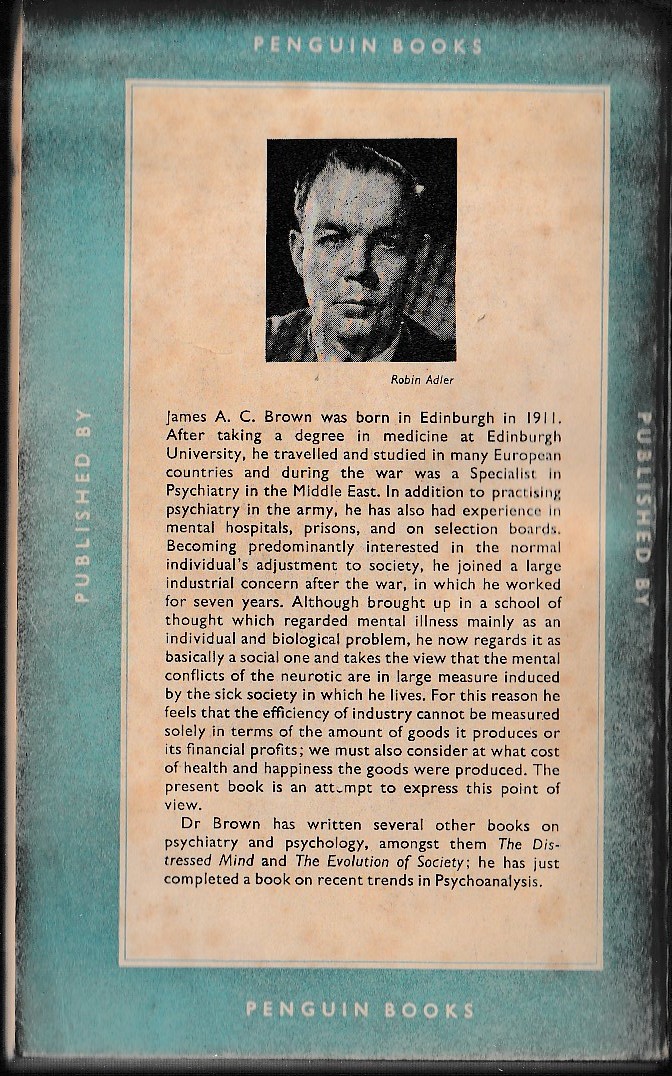 J.A.C. Brown  THE SOCIAL PSYCHOLOGY OF INDUSTRY magnified rear book cover image