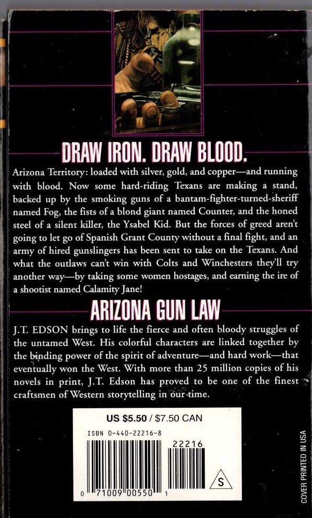 J.T. Edson  ARIZONA GUN LAW magnified rear book cover image