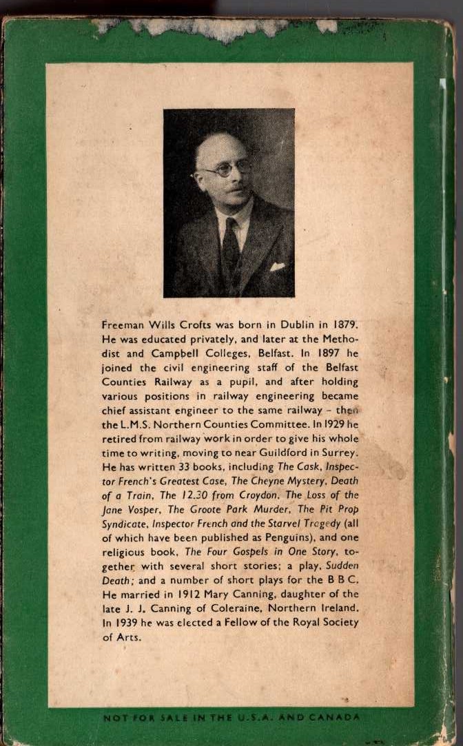 Freeman Wills Crofts  THE LOSS OF THE JANE VOSPER magnified rear book cover image