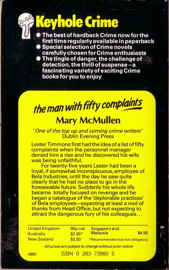 Mary McMullen  THE MAN WITH FIFTY COMPLAINTS magnified rear book cover image