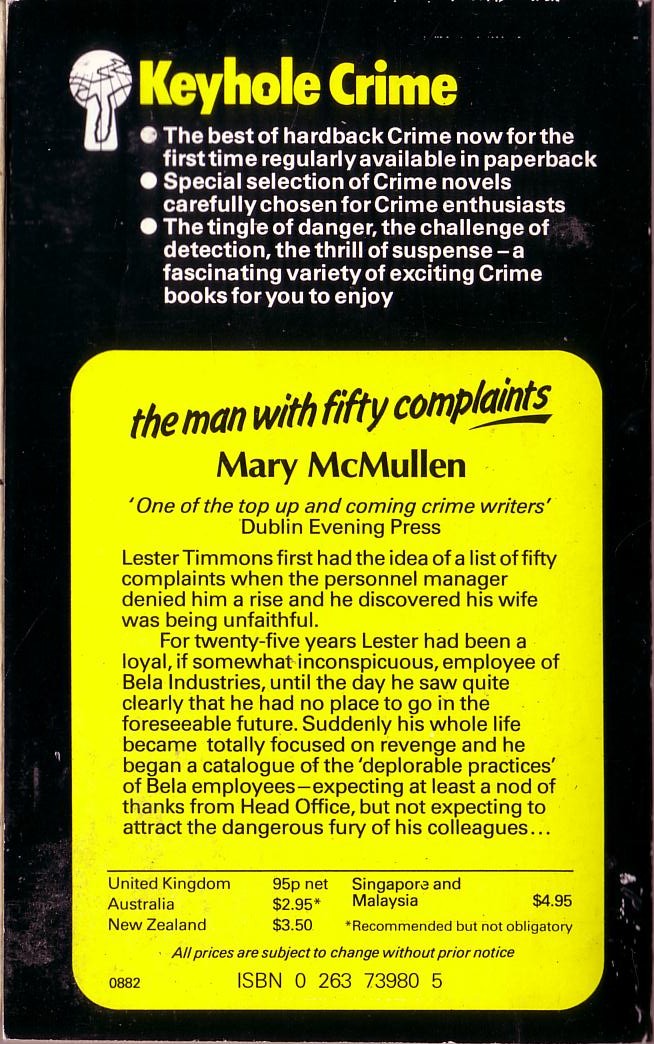 Mary McMullen  THE MAN WITH FIFTY COMPLAINTS magnified rear book cover image