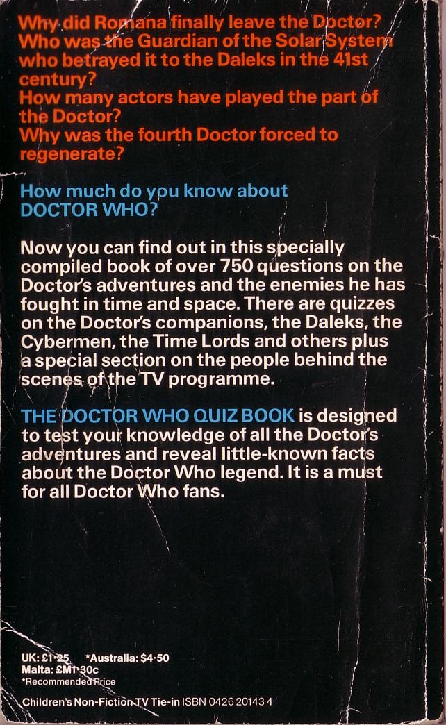 Nigel Robinson  THE DOCTOR WHO QUIZ BOOK magnified rear book cover image