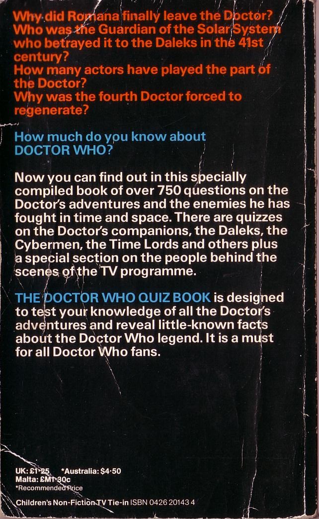 Nigel Robinson  THE DOCTOR WHO QUIZ BOOK magnified rear book cover image