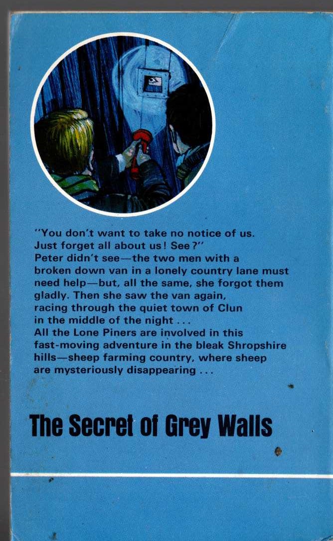Malcolm Saville  THE SECRET OF GREY WALLS magnified rear book cover image
