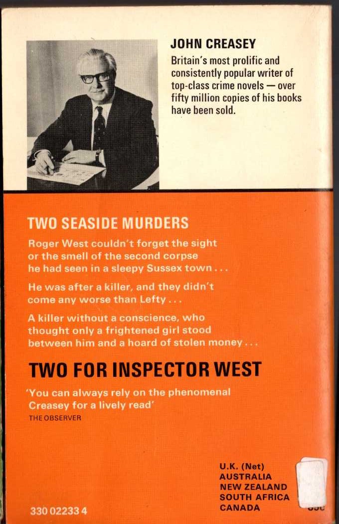 John Creasey  TWO FOR INSPECTOR WEST magnified rear book cover image