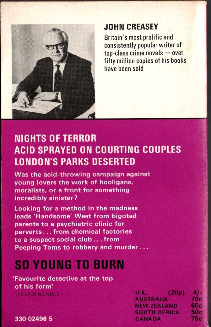 John Creasey  SO YOUNG TO BURN (Roger West) magnified rear book cover image