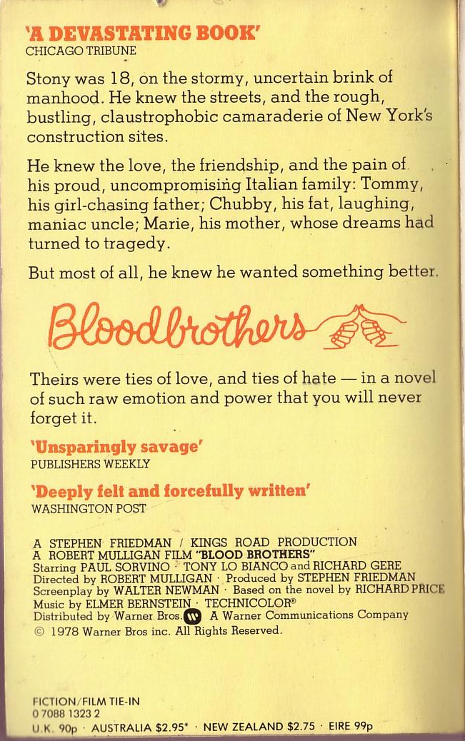 Richard Price  BLOODBROTHERS (Richard Gere) magnified rear book cover image