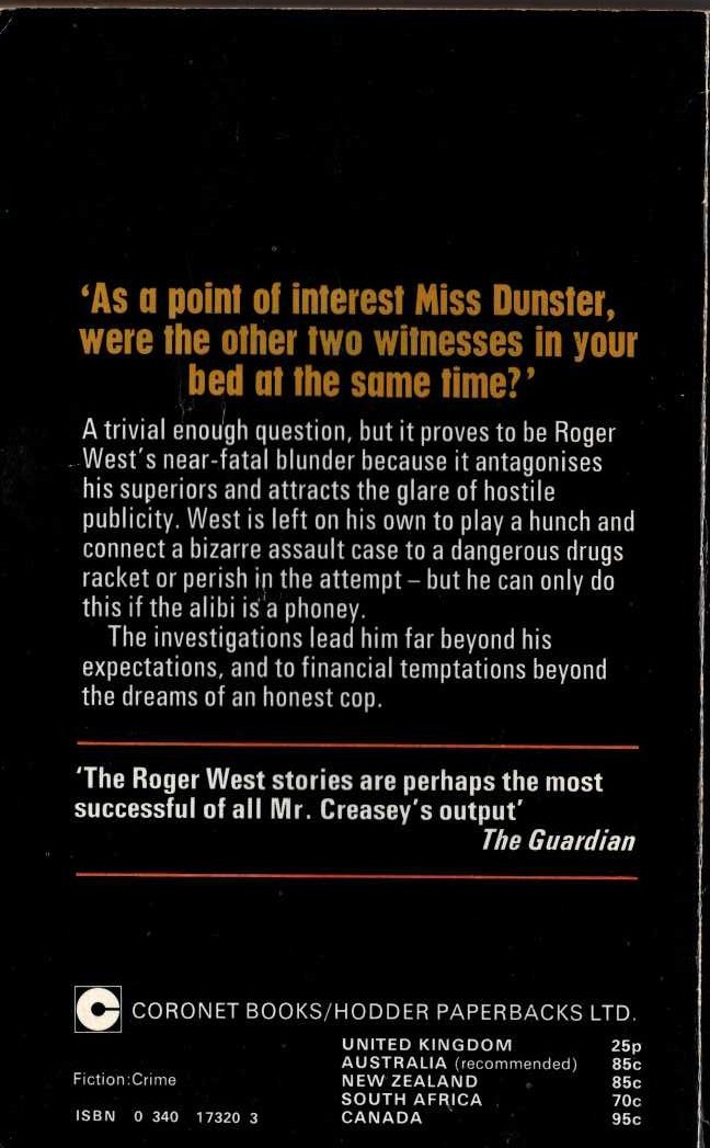 John Creasey  ALIBI FOR INSPECTOR WEST magnified rear book cover image