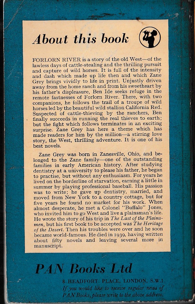 Zane Grey  FORLORN RIVER magnified rear book cover image