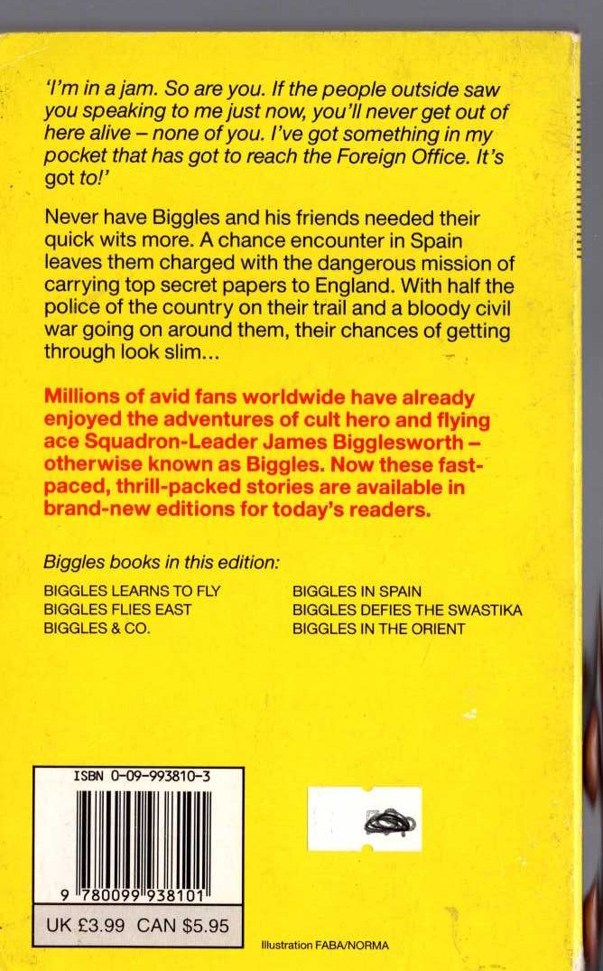 Captain W.E. Johns  BIGGLES IN SPAIN magnified rear book cover image