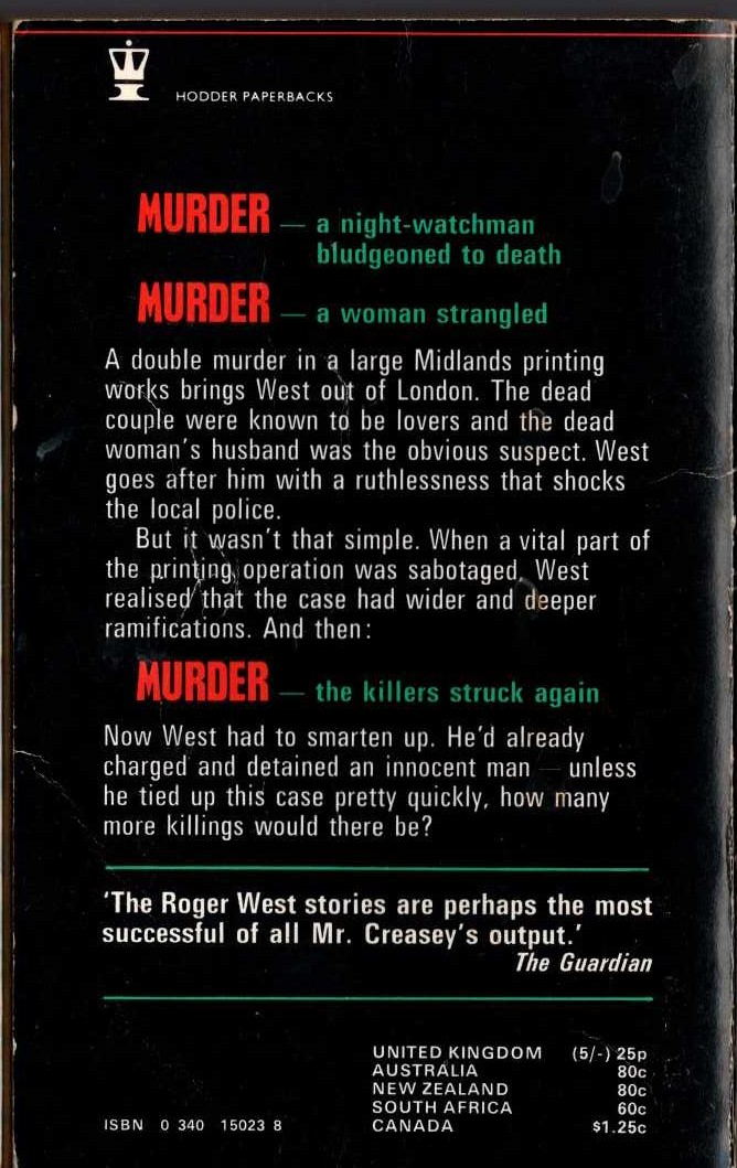 John Creasey  DEATH IN COLD PRINT magnified rear book cover image