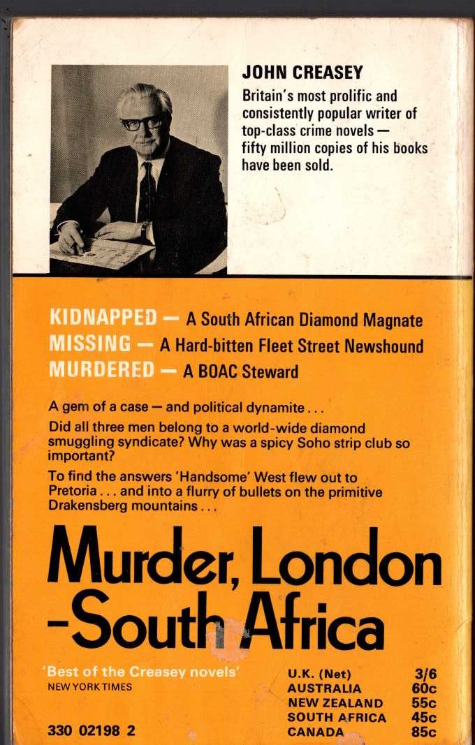 John Creasey  MURDER, LONDON - SOUTH AFRICA magnified rear book cover image