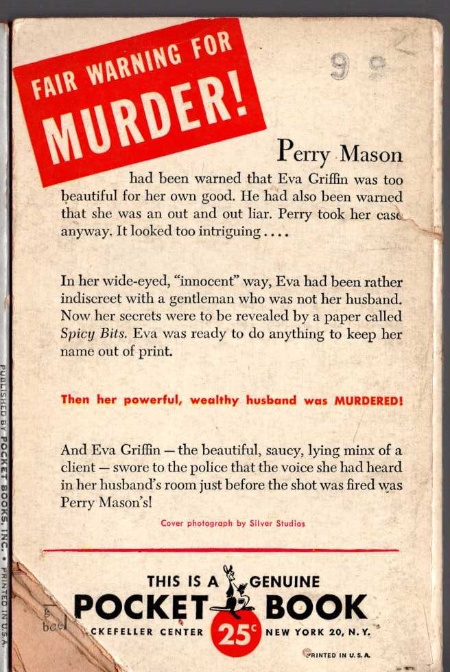 Erle Stanley Gardner  THE CASE OF THE VELVET CLAWS magnified rear book cover image