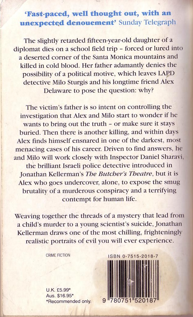 Jonathan Kellerman  SURVIVAL OF THE FITTEST magnified rear book cover image