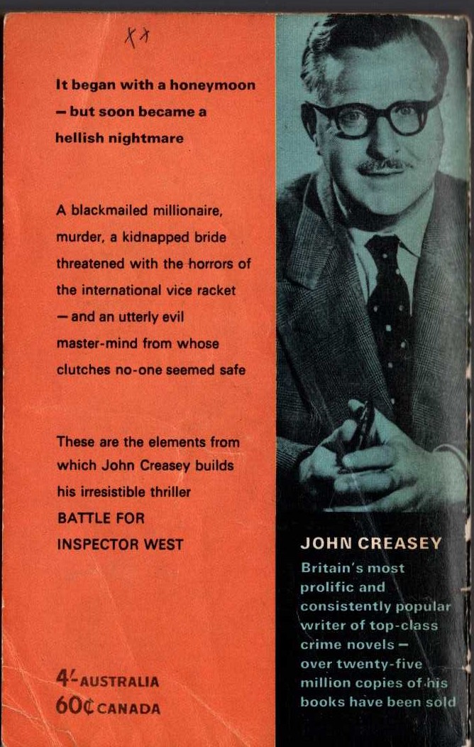John Creasey  BATTLE FOR INSPECTOR WEST magnified rear book cover image