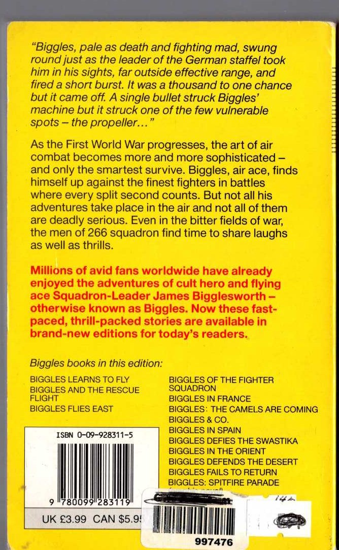 Captain W.E. Johns  BIGGLES IN FRANCE magnified rear book cover image