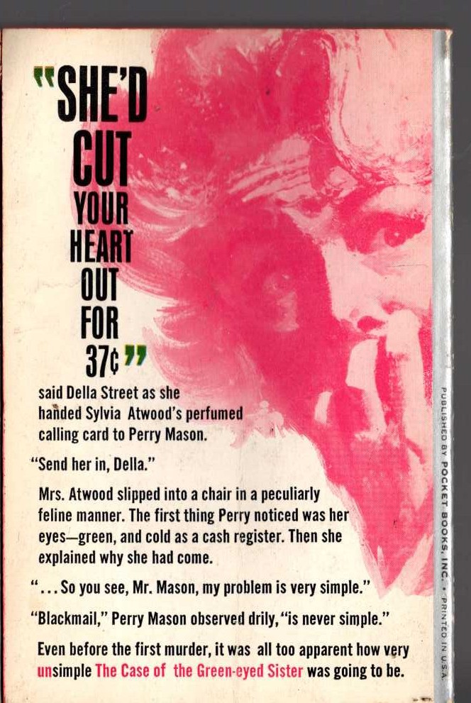 Erle Stanley Gardner  THE CASE OF THE GREEN-EYED SISTER magnified rear book cover image