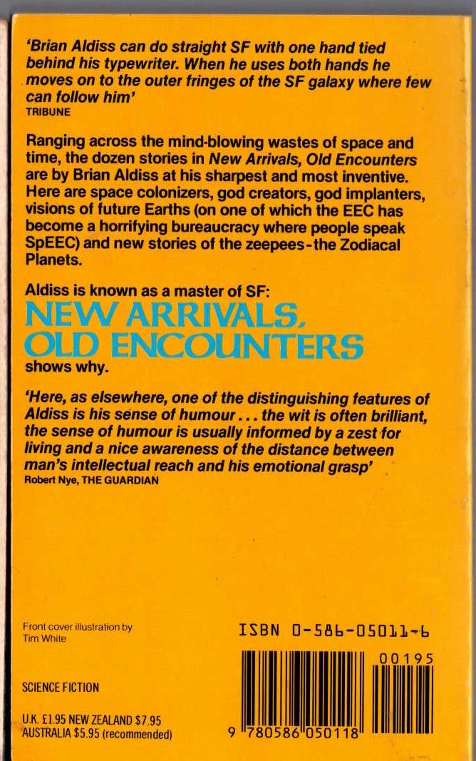 Brian Aldiss  NEW ARRIVALS, OLD ENCOUNTERS magnified rear book cover image