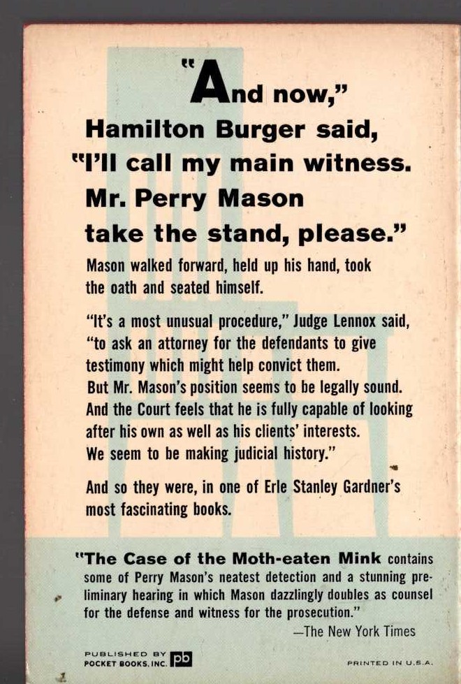 Erle Stanley Gardner  THE CASE OF THE MOTH-EATEN MINK magnified rear book cover image