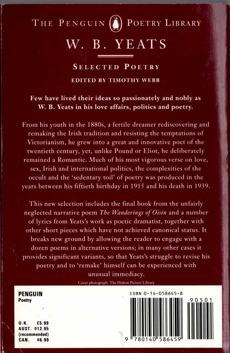 W.B. Yeats  SELECTED POETRY magnified rear book cover image