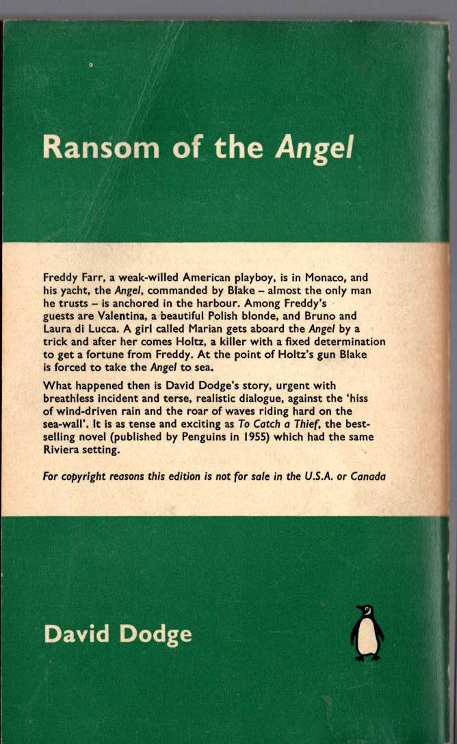 David Dodge  RANSOM OF THE ANGEL magnified rear book cover image