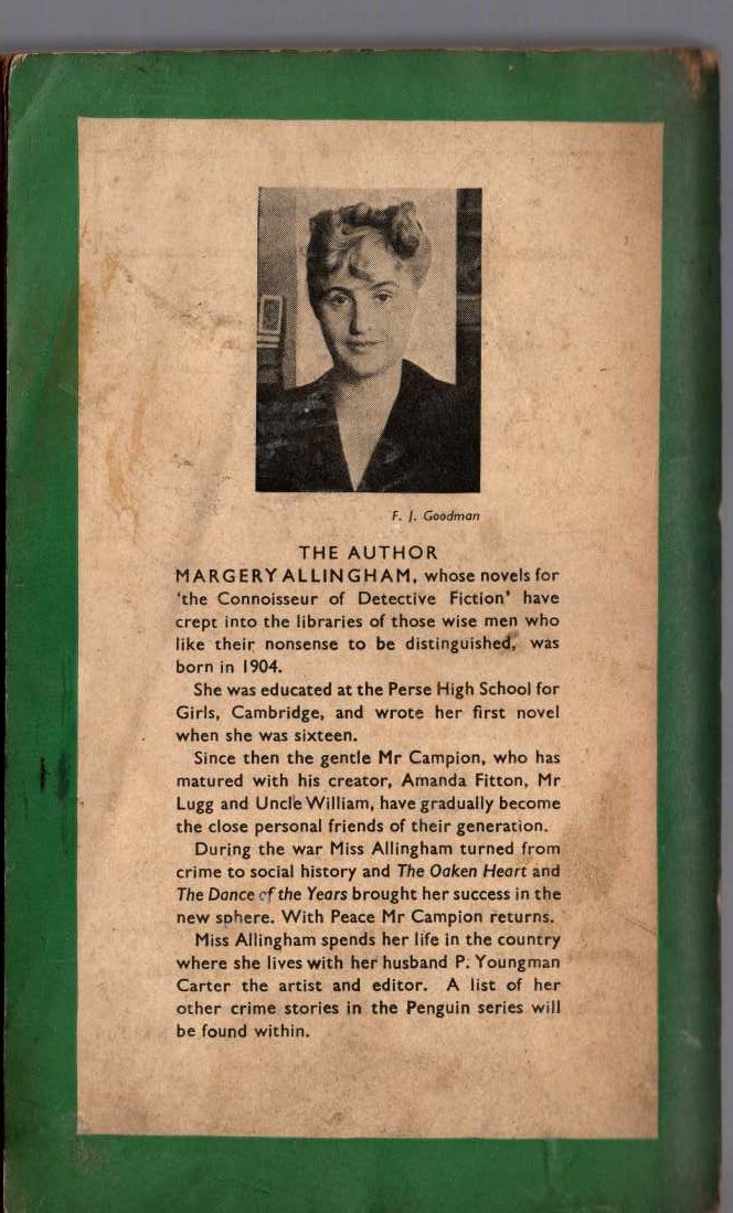 Margery Allingham  FLOWERS FOR THE JUDGE magnified rear book cover image