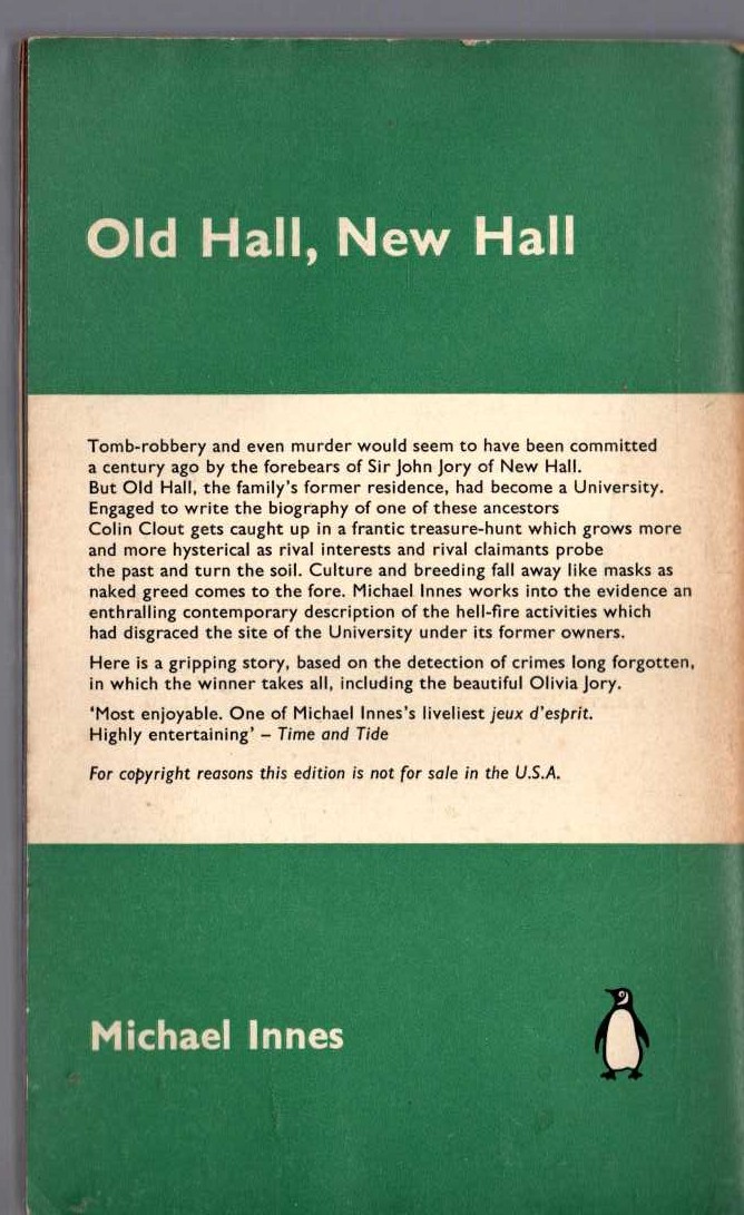 Michael Innes  OLD HALL, NEW HALL magnified rear book cover image
