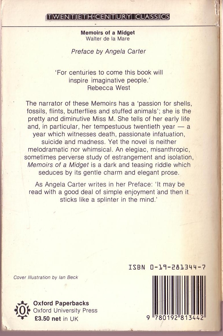 Walter de la Mare  MEMOIRS OF A MIDGET magnified rear book cover image